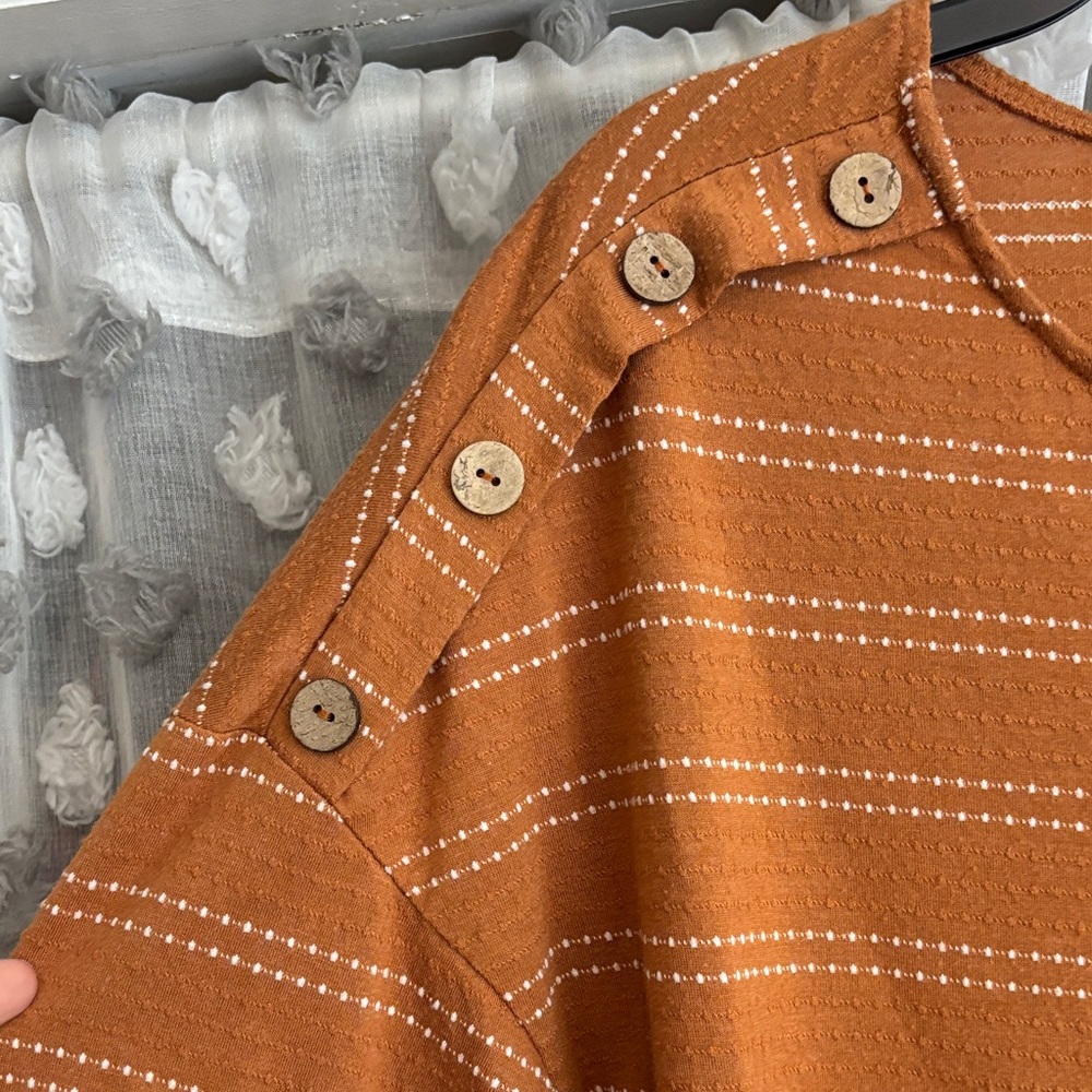 Women's Button-Trim Rust Stripe Boatneck Top - Picture 3 of 5